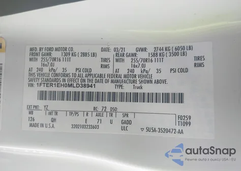 2021 Ford Ranger Xl из США, поврежденный, VIN 1FTER1EH0MLD38941